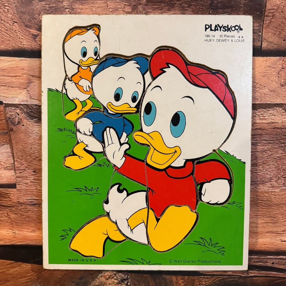 Vintage Playskool Disney Huey Dewey Louie Wooden Puzzle 10 Pieces USA Duck